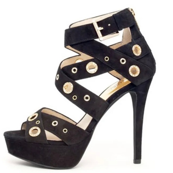 Michael Kors Delilah Grommet Platform suede ankle strap heels size 5 1/2 black - Picture 1 of 15